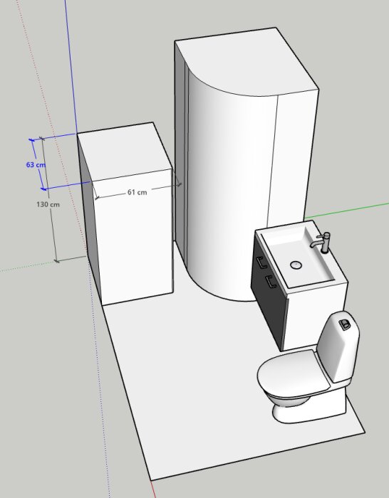 Skiss över badrum med varmvattenberedare, skåp, tvättställ och toalett, med måttangivelser för speciallösning.