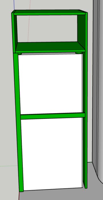 Skiss av ett grönramat skåp för inbyggnad av en varmvattenberedare i badrummet, med en öppen hylla ovanpå.
