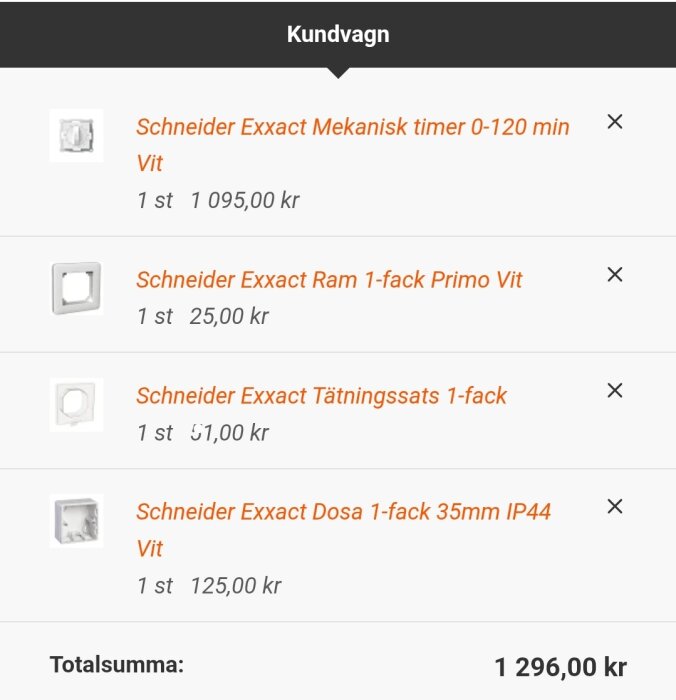 Bild av en kundkorg med fyra Schneider Exxact produkter: timer, ram, tätningssats och dosa. Totalpris 1 296,00 kr.