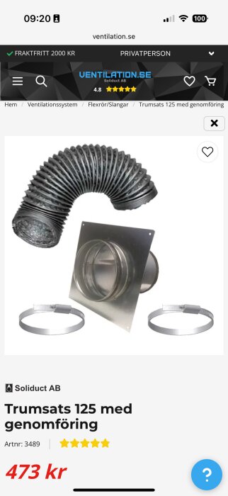 Flexibelt ventilationsrör och monteringsdelar med plåtfläns och klämmor. Produktsida med pris 473 kr för trumsats 125 med genomföring.