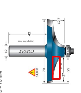 CNC-ritning av stålkutter med måttreferenser. Rödmarkerad böjd del indikerar eventuell användning vid fräsning. Markeringar och text indikerar dimensioner.