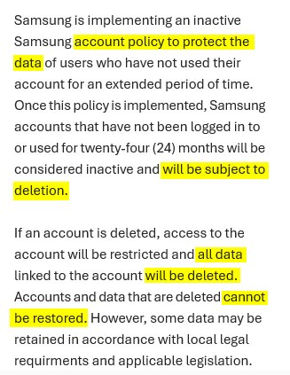Samsung meddelar om en ny policy för att radera inaktiva konton och skydda data som inte använts på 24 månader.