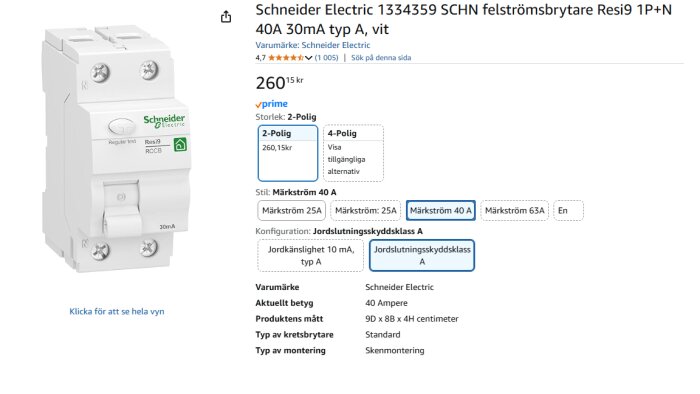 Schneider Electric Resi9 40A jordfelsbrytare, vit 2-polig med märkström 40A, visas med pris och specifikationer på produktsidan.