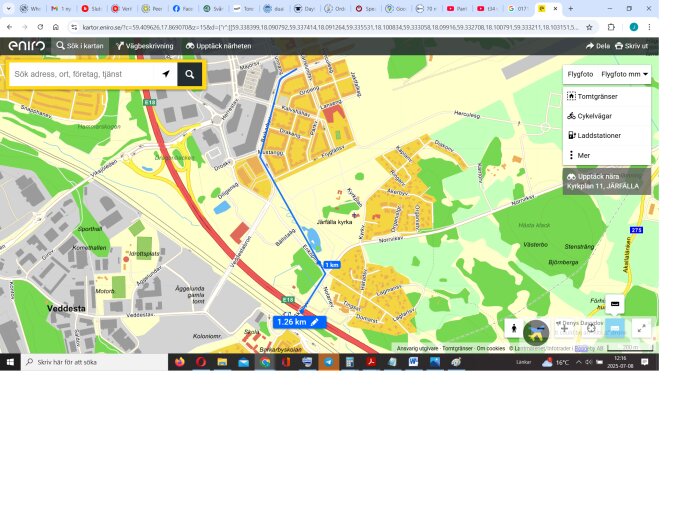 Karta över Barkarbystaden, visar vägar och avstånd till närliggande områden med en 1,26 km rutt markerad.