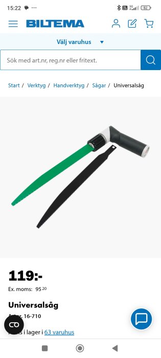 Universalsåg från Biltema med utbytbart blad, visas med både grönt och svart sågblad. 119 kr exklusive moms.