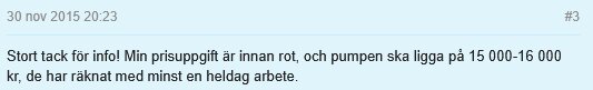 En skärmdump av ett foruminlägg där en användare diskuterar kostnaden för arbete innan ROT-avdraget.