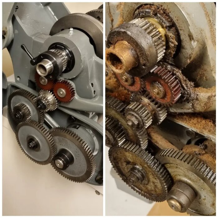 Närbild på svarvens växlar, före och efter rengöring och restaurering. Den vänstra delen är ren och fin, den högra är smutsig och rostig.