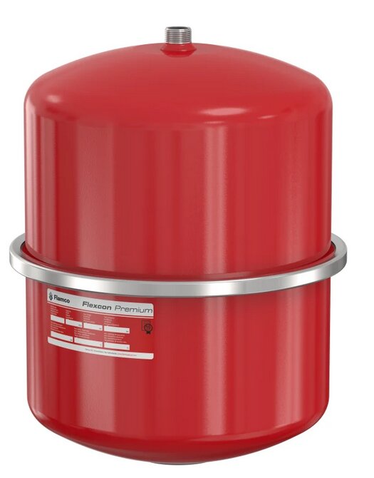 Rött, slutet kärl med texten "Flexcon Premium" och märkning, troligen expansionskärl för VVS-system.