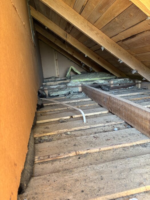 Oisolerad kattvind i sommarstuga med synliga träbjälkar och gammal isolering i norra Uppland.