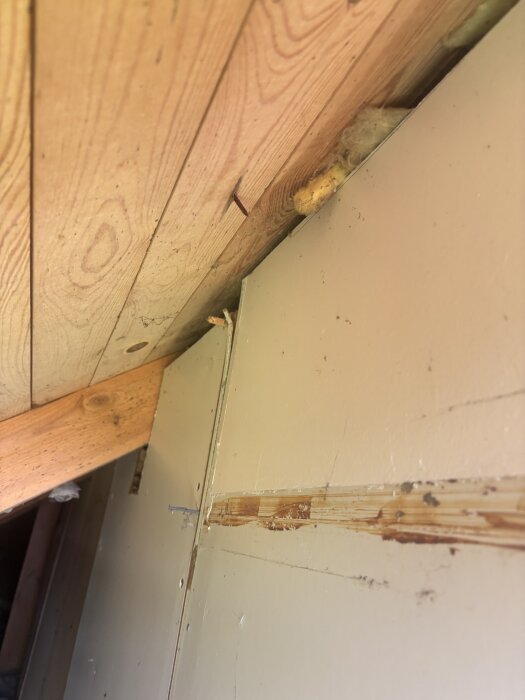 Närbild av kattvindens snedtak med träpanel och synlig isolering ovanför en innervägg där spikar och träfiber ses.
