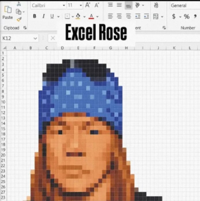 Pixelkonst av ett ansikte med blå bandana, skapad i ett kalkylblad med rubriken "Excel Rose" högst upp.