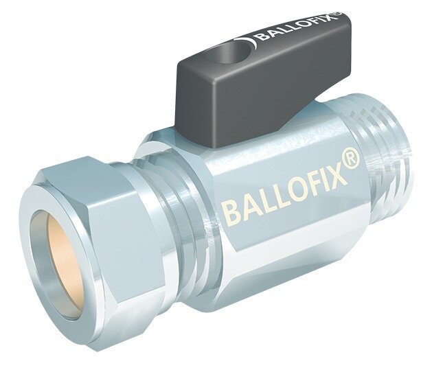 Kulventil med slätända, märkt Ballofix, av metall med svart handtag, används för avstängning i rörsystem.