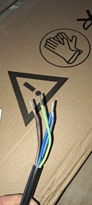 Elektrisk kabel med fyra färgade trådar (brun, blå, gul/grön) och spetskontakter, mot en kartongbakgrund med varningssymboler.