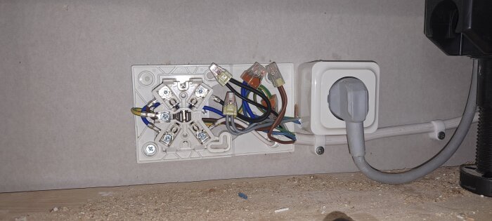 Öppen elinstallation med perilex-uttag för spis, flera färgade kablar synliga, diskussion om 3-fas och spänningsmätning i tråd.