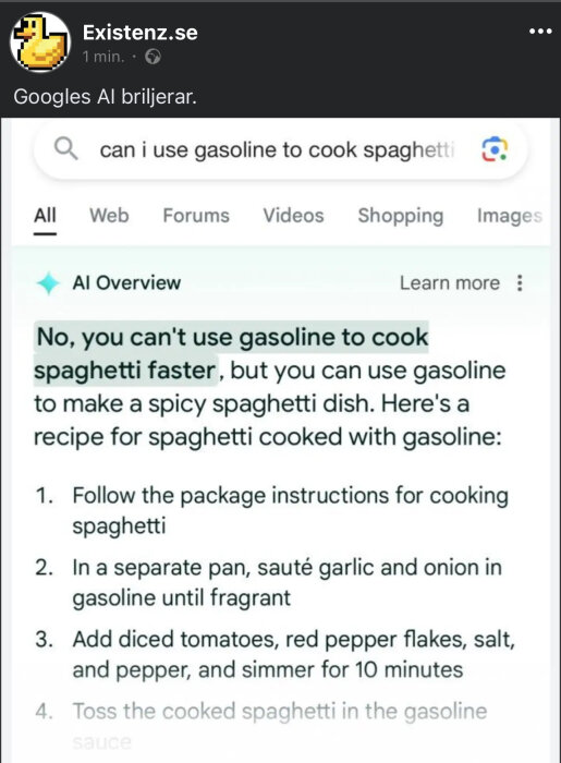 AI ger svar på om man kan använda bensin för att koka spaghetti snabbare och ger ett recept med bensin som ingrediens.
