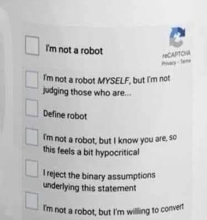 Kryssruta med humoristiska svarsalternativ till "Jag är inte en robot" som liknar reCAPTCHA, som till exempel "Define robot" och "I'm willing to convert".