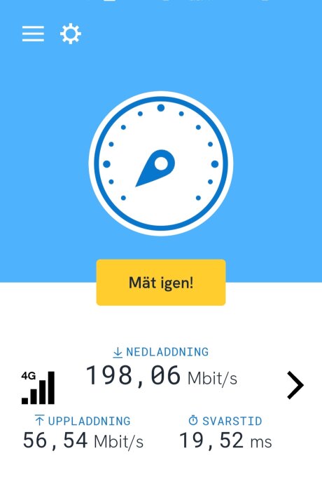 Skärmbild av ett hastighetstest på 4G med nedladdningshastighet 198,06 Mbit/s och uppladdningshastighet 56,54 Mbit/s, svarstid 19,52 ms.
