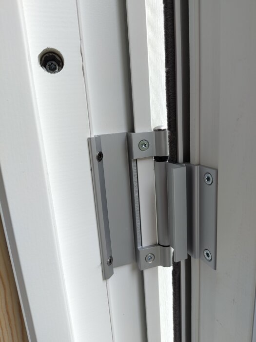 Närbild av gångjärn på vit altandörr, med synliga skruvar och karminställningar, i diskussion om hur dörrarna kan justeras för smidigare stängning.