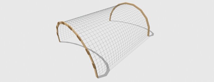 3D-modell av Kvackatore konstruktion med träramar och armeringsnät i bågform, använd för eventuell presenningsöverdragning.