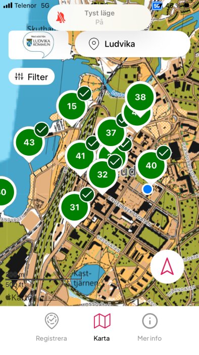 Karta över Ludvika med markörer som visar platser eller händelser och en blå prick indikerande aktuell position.