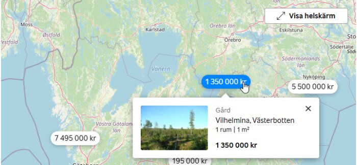 Karta över Sverige med markerad gård i Vilhelmina, Västerbotten. Priset är 1 350 000 kr.