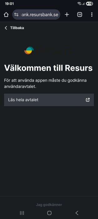 Skärmdump av Resurs Banks app med text som kräver godkännande av användaravtal.