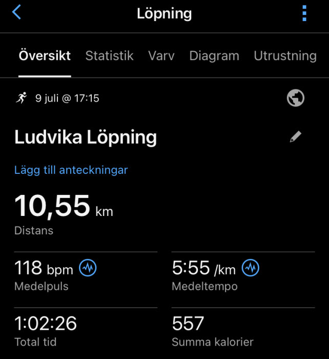 Löpningsöversikt visar 10,55 km distans, 118 bpm medelpuls, 5:55 min/km tempo, 1:02:26 total tid och 557 kalorier.
