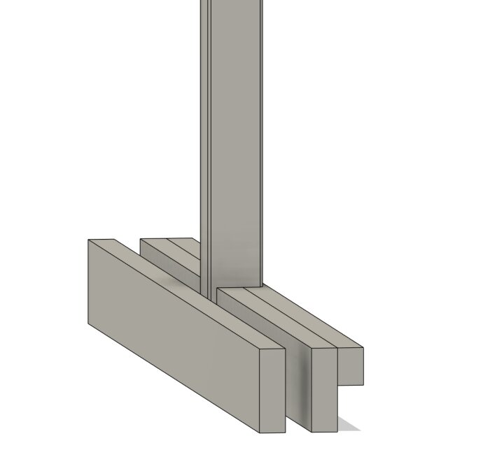 3D-skiss som visar en konstruktion med en centrerad stolpe omgiven av två tvärgående balkar vid basen.