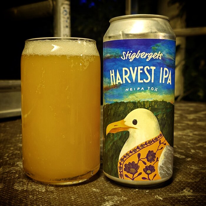 En burk och ett glas Stigbergets Harvest IPA med en målad mås på etiketten.