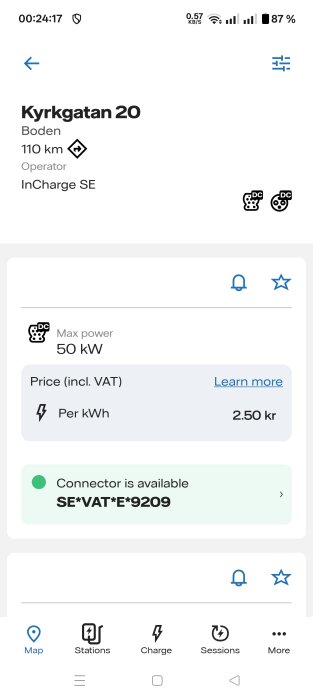 Skärmbild av laddningsstation Kyrkgatan 20 i Boden med maxeffekt 50 kW och pris 2,50 kr/kWh. Kontakten är tillgänglig.