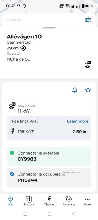 Skärmbild av laddningsstation på Allévågen 10, Gammelstad med maxeffekt 11 kW. Pris 2,50 kr per kWh. En kontakt ledig, en upptagen.