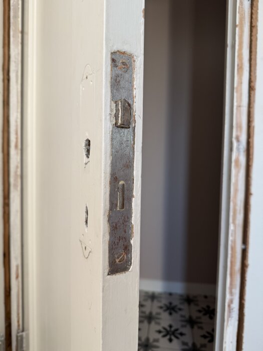 Närbild av en dörrkarm med en fastrostad låskista, där låsbiten ej rör sig, på en gästtoalett dörr.