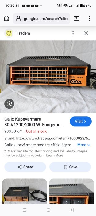 Calix kupevärmare med tre effektlägen och synlig strömkabel, fotograferad på en vit yta.