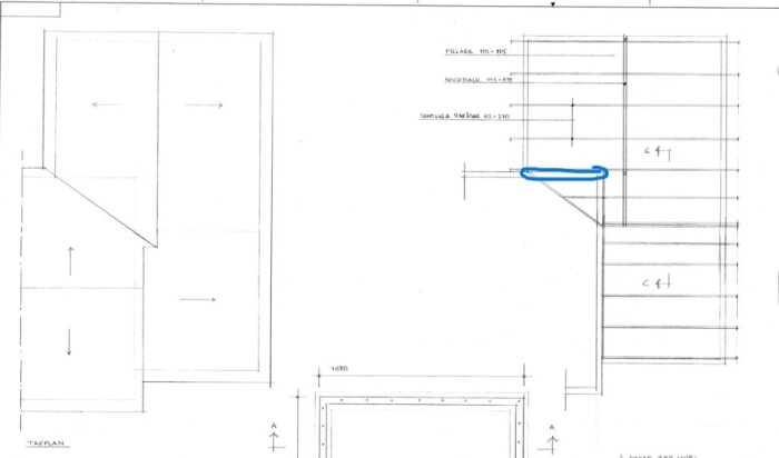 Ritning av ett Gullringshus från 1965, markerade väggar kan vara bärande enligt tidigare ägare, diskussionsämne kring strukturell integritet.