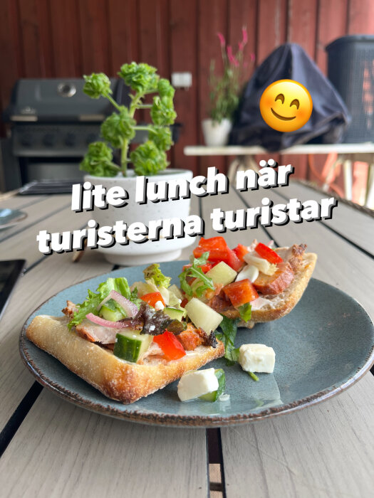 Öppen smörgås med grönsaker och kött på ett grått fat; bakgrund med grill och växt. Text: "lite lunch när turisterna turistar" med en glad emoji.