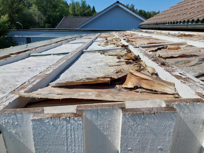 Fuktskadad altantak med bortbruten plastplåt och synliga regler, papp och luftspalt. Taket ligger utsatt under solen med bakomliggande hus.