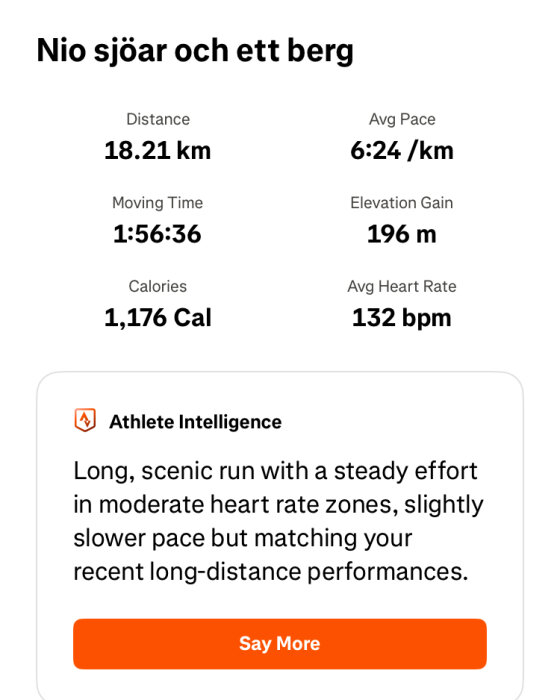 Datalista över en löprunda: 18,21 km distans, 6:24 min/km tempo, 1:56:36 tid, 196 m stigning, 1 176 Cal förbrända, 132 bpm puls.