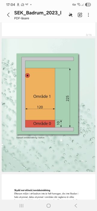 Exempel på områdesindelning i badrum enligt SEK PDF, visar område 0 och område 1 med mått 10 och 120 cm.