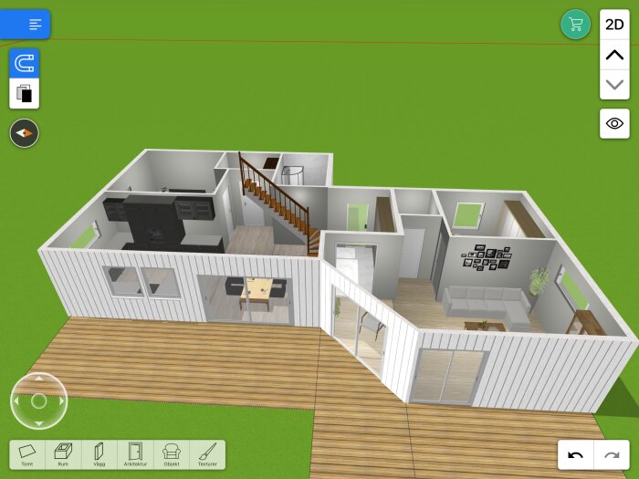 3D-design av ett hus med vita väggar, trädäck och inredda rum inklusive kök, vardagsrum och trappa.