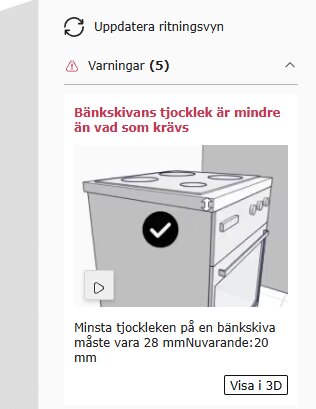 Tecknad illustration av ett kök med en ugn och häll, visar varning om bänkskivans tjocklek; nuvarande 20 mm, minimum 28 mm krävs.