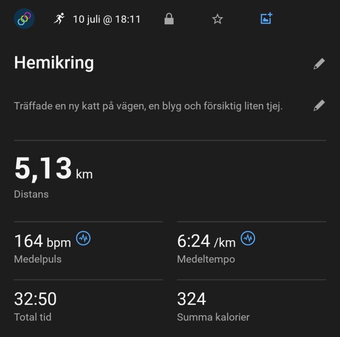 Träningssammanfattning från en runda på 5,13 km med medelpuls 164 bpm och medeltempo 6:24/km, total tid 32:50 och 324 kalorier förbrända.