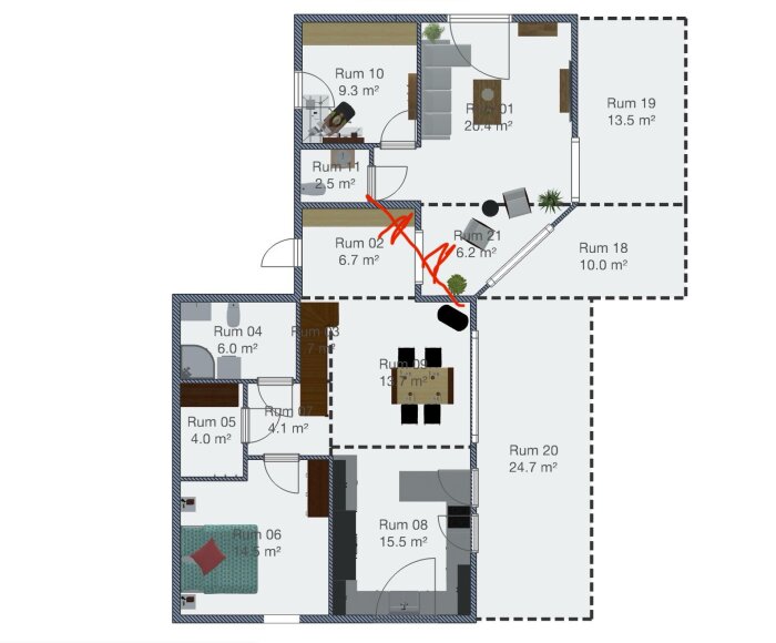 Planskiss av ett hus med markeringar vid Rum 02 och Rum 21 som visar potentiella förändringar av väggar för att öppna upp mellan huskroppar.