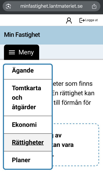 Mobilvy av "Min Fastighet" där menyer som "Ägande", "Tomtkarta och åtgärder", och "Rättigheter" visas.