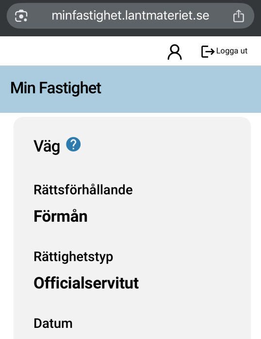 Webbsidan "Min Fastighet" visar information om rättsförhållande och rättighetstyp som officialservitut.