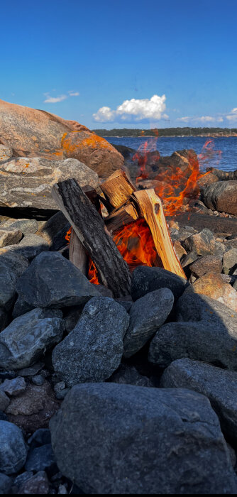 Lägereld på en stenstrand vid havet, med brinnande trästockar och klippor mot en klarblå himmel och moln.