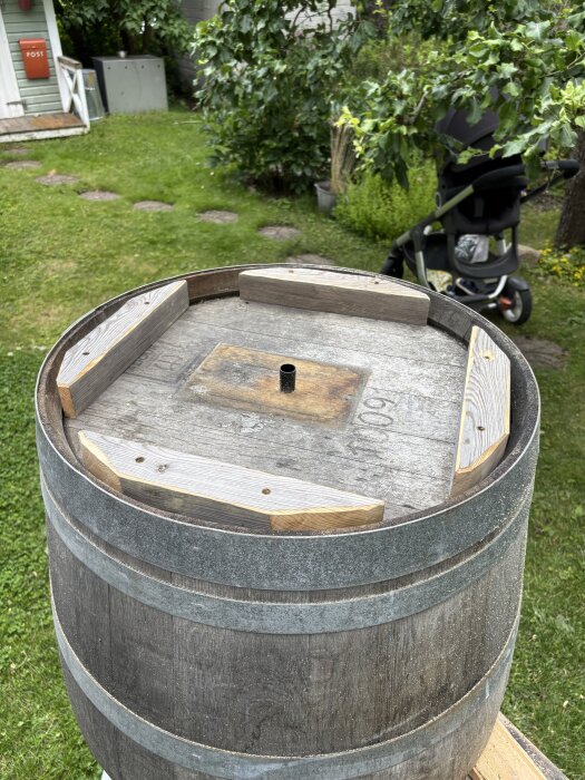 Träfat i en trädgård med gräsmatta, omgiven av buskar och ett trädgårdsskjul i bakgrunden. Barnvagn syns delvis.