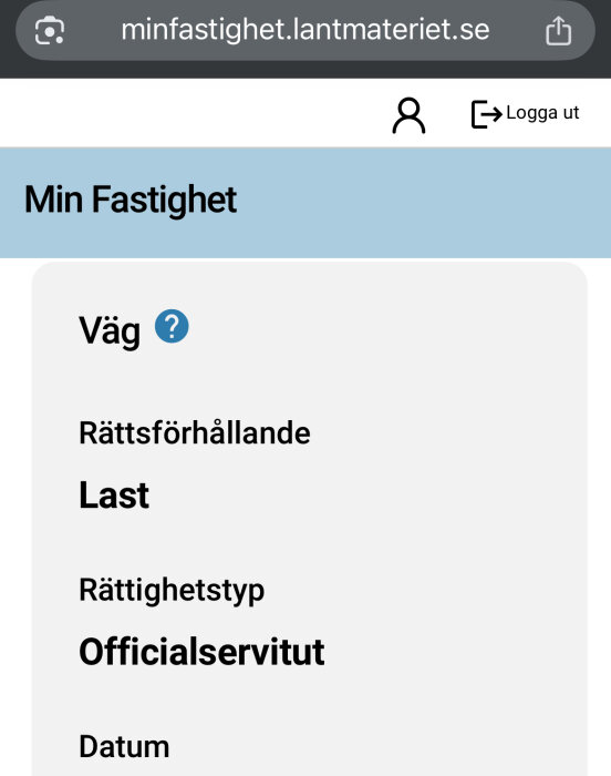 Skärmdump från minfastighet.lantmateriet.se som visar information om väg, rättsförhållande, last och rättighetstyp officialservitut.