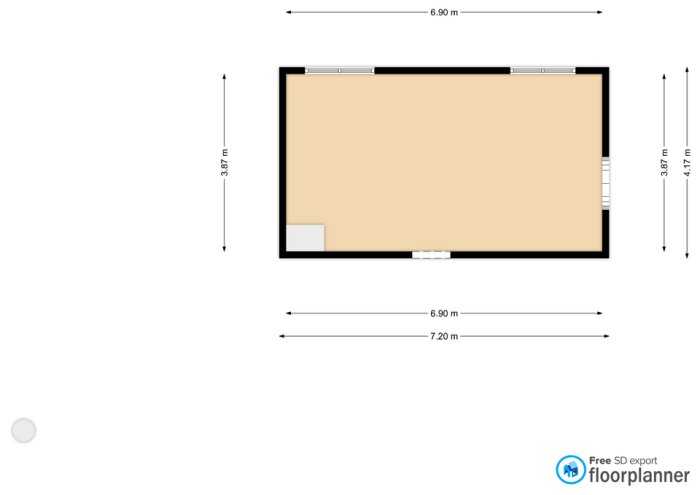 Planlösning av kök, rektangulärt rum med mått 6.90x3.87 m. Dörröppningar på kortsidorna, fönster på långsidorna, en grå rektangel indikerar murstock.