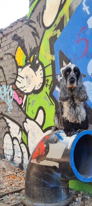 Hund sitter på ett gammalt rör framför en vägg med färgglad graffiti av tecknade figurer. Bråte på marken.