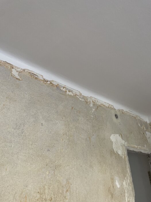 Betongvägg med borttagen tapet, delvis avskavd färg vid taket.